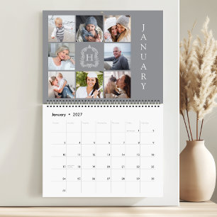 Familienfoto-Collage Graues Monogrammwappen 2027 Kalender