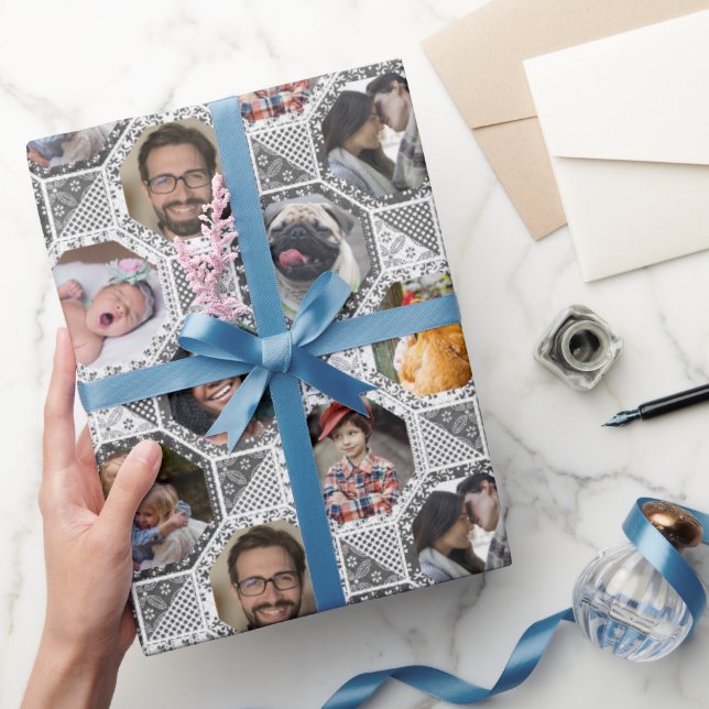 Familienfoto Collage Gray Quilt Look 28 Custom Bil Geschenkpapier (Schenken)