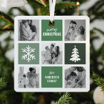 Familienfoto Collage Grüne Weihnachten Ornament Aus Metall<br><div class="desc">Mit unseren modernen Baumschmuckstücken können Sie Ihre Erinnerungen zu Weihnachten zum Leben erwecken. Unsere einzigartige Collage-Vorlage für Fotos erlaubt es Ihnen, Ihr Ornament mit Ihren eigenen Bildern, eingebettet in stilvolle grüne Quadrate, einen wunderbar illustrierten Weihnachtsbaum und ein elegantes Schneeflockensymbol, zu gestalten. Machen Sie es sich mit unserer einfach zu bedienenden...</div>