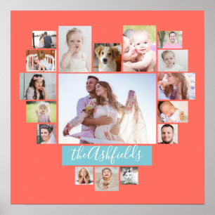 Familienfoto Collage Herz 17 Bilder Name Koralle Poster