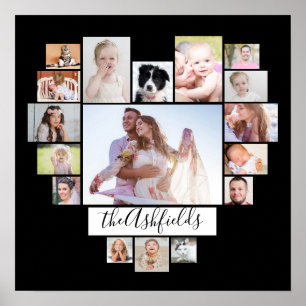 Familienfoto Collage Herz 17 Bilder Name Schwarz Poster