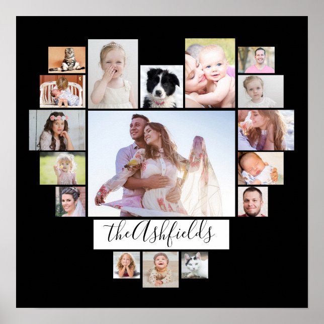 Familienfoto Collage Herz 17 Bilder Name Schwarz Poster (Vorne)