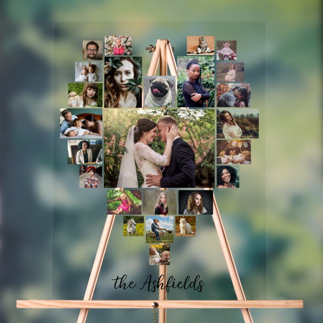 Familienfoto Collage Herz 25 Individuelle Name Acrylschild (Neutral)