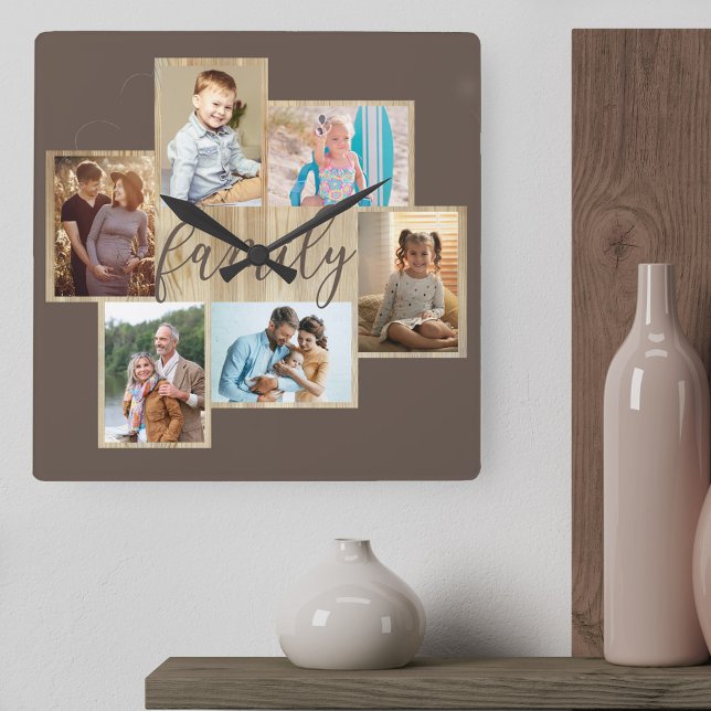 Familienfoto Collage Holz Grain Border Brown Quadratische Wanduhr (Family photo collage holding 6 of your family pictures)