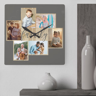 Familienfoto-Collage Holzkorn-Rahmen Warmgrau Quadratische Wanduhr