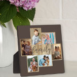 Familienfoto Collage Holzkörner Border Brown Fotoplatte<br><div class="desc">Foto-Kollektion mit 6 Ihrer Lieblings-Fotos, Kalligraphie und hellen Holzkörnern-Look Rahmen. Die Fotovorlage steht Ihnen zum Hinzufügen Ihrer Fotos zur Verfügung, die in Landschafts- und Porträtformaten angezeigt werden. Die Hintergrundfarbe und das Wort "Familie" sind braun und Sie können dies bearbeiten, um Ihre Wohngestaltung zu Anzug - klicken Sie einfach auf "Weiter"...</div>