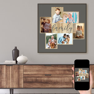 Familienfoto-Collage im Holzdesign-Rahmen in Warmg Poster