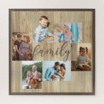 Familienfoto Collage Light Woodgrain Puzzle<br><div class="desc">Foto-Kollektion mit 6 Ihrer Lieblings-Fotos, Kalligraphie und hellen Holzkörnern-Look Rahmen. Die Fotovorlage steht Ihnen zum Hinzufügen Ihrer Fotos zur Verfügung, die in Landschafts- und Porträtformaten angezeigt werden. Die Hintergrundfarbe und das Wort "Familie" sind braun und Sie können dies bearbeiten, um Ihre Wohngestaltung zu Anzug - klicken Sie einfach auf "Weiter"...</div>