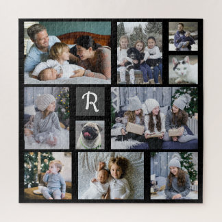 Familienfoto Collage Mit Monogramm Black 10 Bilder Puzzle