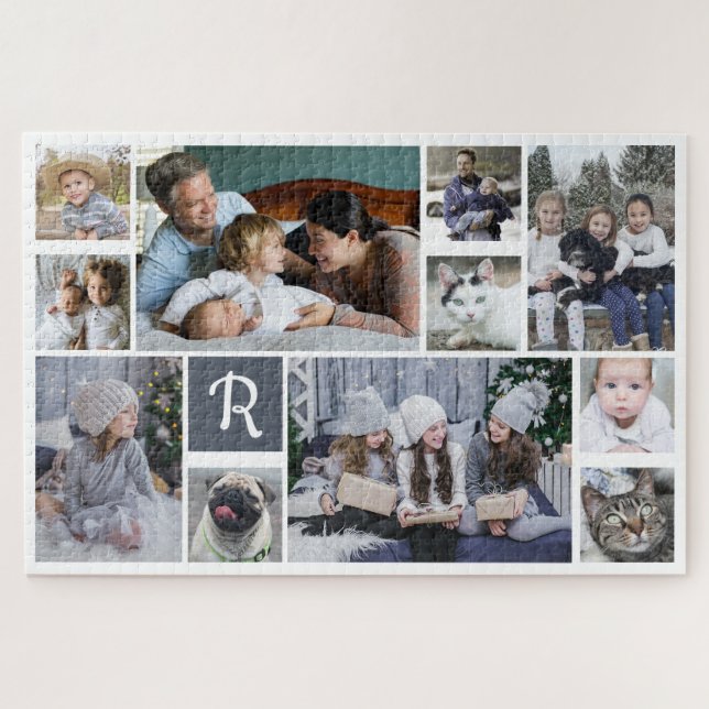 Familienfoto Collage Mit Monogramm White 11 Bilder Puzzle (Horizontal)