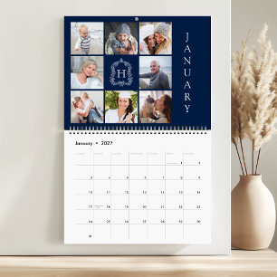 Familienfoto-Collage-Monogramm-Wappen Navy Blau 20 Kalender