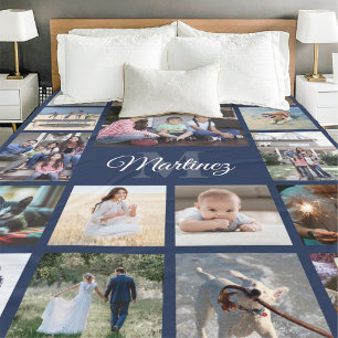 Familienfoto-Collage Navy Blau Modern Monogramm Fleecedecke