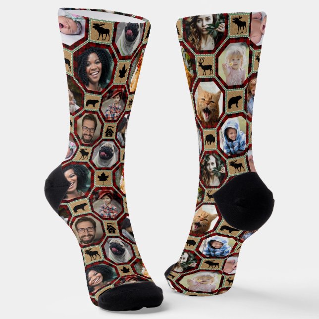 Familienfoto Collage Red Black Buffalo Karierte Qu Socken (Gewinkelt)