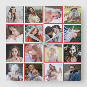 Familienfoto Collage Red Border 16 Instagram Bilde Quadratische Wanduhr