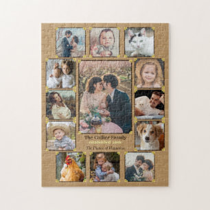 Familienfoto Collage Rustic Burlap 13 Custom Pics Puzzle