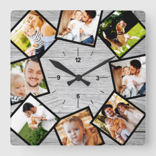 Familienfoto Collage Rustic Chic Bauernhof Grau Quadratische Wanduhr