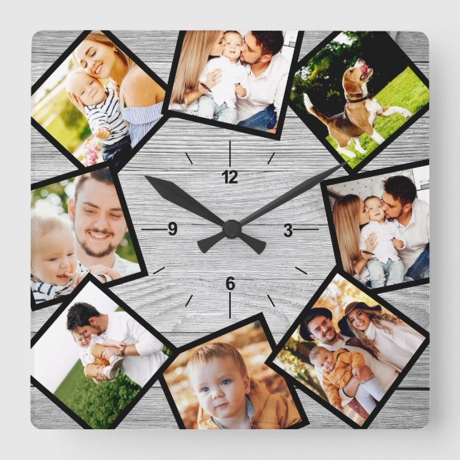 Familienfoto Collage Rustic Chic Bauernhof Grau Quadratische Wanduhr (Vorderseite)