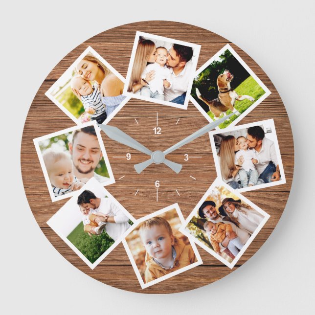 Familienfoto Collage Rustic Chic Bauernhof Große Wanduhr (Vorderseite)