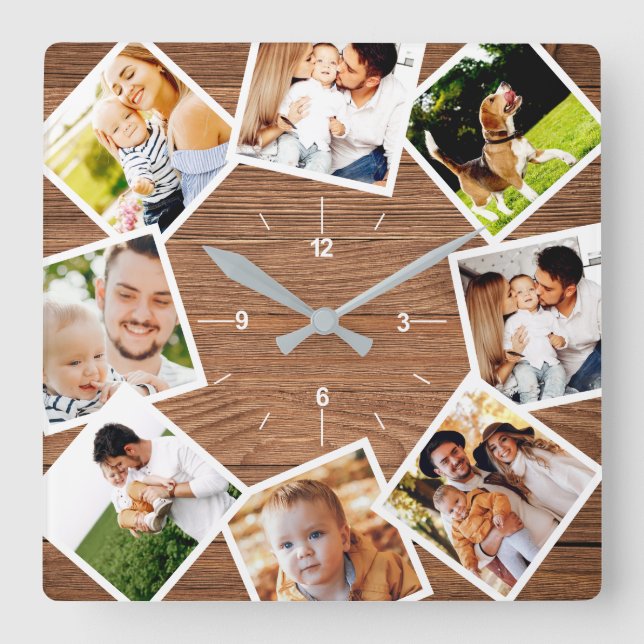 Familienfoto Collage Rustic Chic Bauernhof Quadratische Wanduhr (Vorderseite)