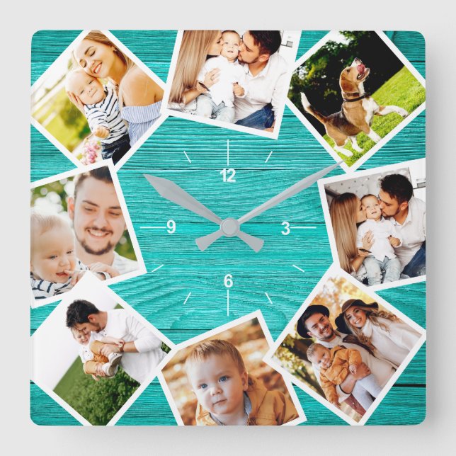 Familienfoto Collage Rustikal Chic Bauernhof Aquam Quadratische Wanduhr (Vorderseite)