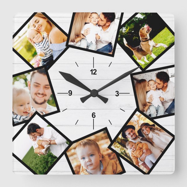 Familienfoto Collage Rustikales Bauernhaus Weiß Quadratische Wanduhr (Vorderseite)