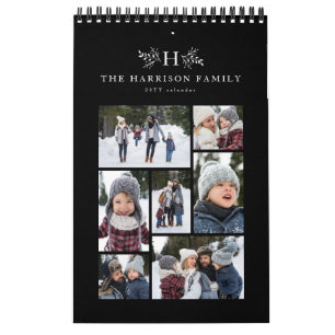 Familienfoto-Collage rustikales Monogramm schwarz Kalender