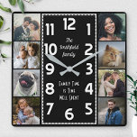 Familienfoto Collage Schwarz-Weiß Art Deco Easy Quadratische Wanduhr<br><div class="desc">Machen Sie mit dieser Vorlage Ihre eigene personalisierte Foto Collage Uhr. Diese quadratische, klassische Uhr hat weiße Zahlen, die in der Mitte in einem langen Rechteck im Deko-Stil angeordnet sind, und einen schlichten schwarzen Hintergrund, den Sie nach Belieben anpassen können. Entlang der Ränder gibt es Platz für acht eigene quadratische...</div>