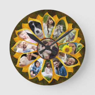 Familienfoto-Collage Sonnenblume 13 Bilder Einfach Runde Wanduhr