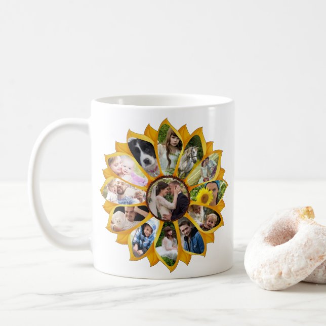 Familienfoto Collage Sonnenblumen 13 Bilder leicht Kaffeetasse (Mit Donut)