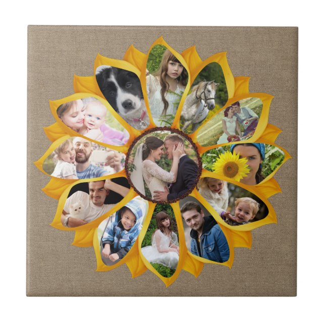 Familienfoto Collage Sonnenblumen Burlap 13 Pics E Fliese (Vorderseite)