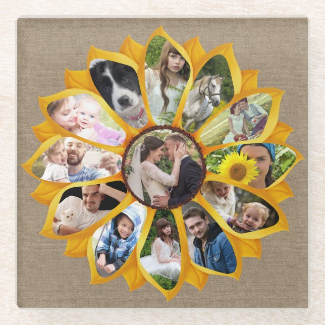 Familienfoto Collage Sonnenblumen Burlap 13 Pics E Glasuntersetzer (Vorderseite)