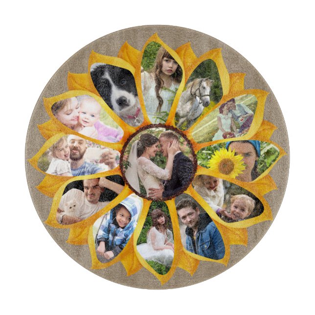 Familienfoto Collage Sonnenblumen Burlap 13 Pics E Schneidebrett (Vorderseite)