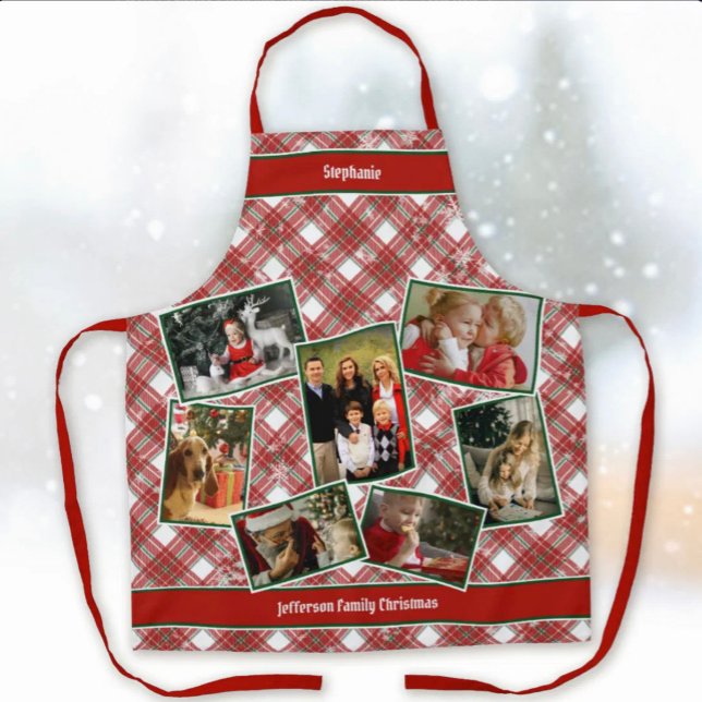 Familienfoto Collage und Name Christmas Kariert Ap Schürze (Family Photo Collage and Name Christmas Plaid Apron)