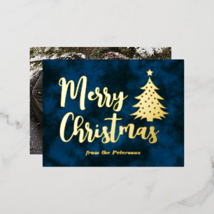 Familienfoto Frohe Weihnachten Baum Blau Gold Folien Feiertagspostkarte