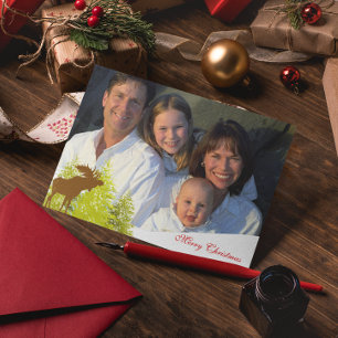 Familienfoto Frohe Weihnachten Elch und Kiefern