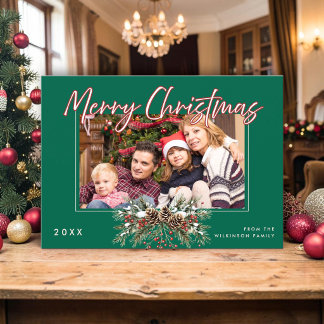 Familienfoto Frohe Weihnachten Kiefernzapfen Rote Einladung