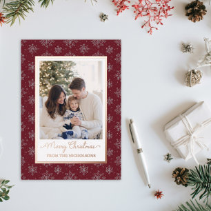 Familienfoto Goldfolie Dunkelrotes Weihnachten   Folien Feiertagskarte