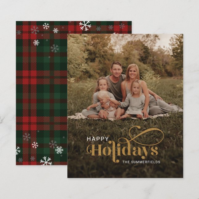 Familienfoto Karo-Schneeflocken Weihnachtskarte (Vorne/Hinten)