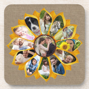 Familienfoto-Kollage Sonnenblume Jute 13 Bilder Ei Getränkeuntersetzer