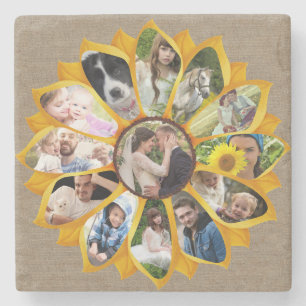 Familienfoto-Kollage Sonnenblume Jute 13 Bilder Ei Steinuntersetzer