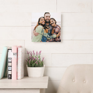 Familienfoto mit moderner Schrift Großuhr Quadratische Wanduhr
