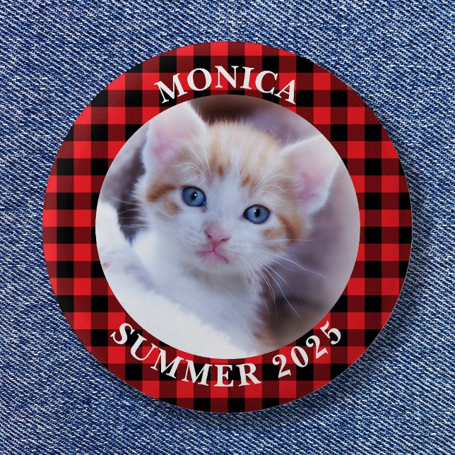 Familienfoto mit rotem und schwarzem Büffelkaromus Button (Family Photo Red Black Buffalo Plaid Border Button)
