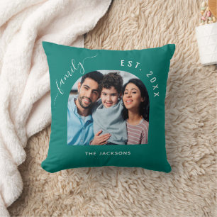Familienfoto-Name-Jahr in Smaragdgrün Kissen
