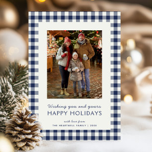 Familienfoto Navy Blau Gingham Frohe Feiertage Feiertagskarte