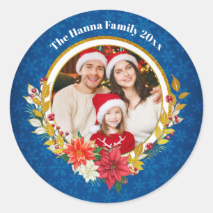 Familienfoto & Poinsettia Frohe Weihnachten Gesche Runder Aufkleber