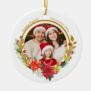 Familienfoto & Poinsettie Frohe Weihnachten Gesche Keramik Ornament