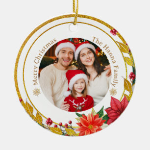 Familienfoto & Poinsettie Frohes Weihnachtsgeschen Keramik Ornament