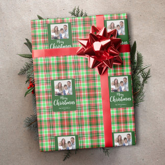 Familienfoto Rot Grün Kariert Frohe Weihnachten Geschenkpapier