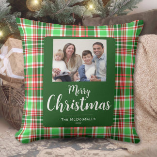 Familienfoto Rot Grün Kariert Frohe Weihnachten Kissen