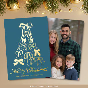 Familienfoto-Schleifen Blaues Weihnachten Goldfoli Folien Feiertagskarte